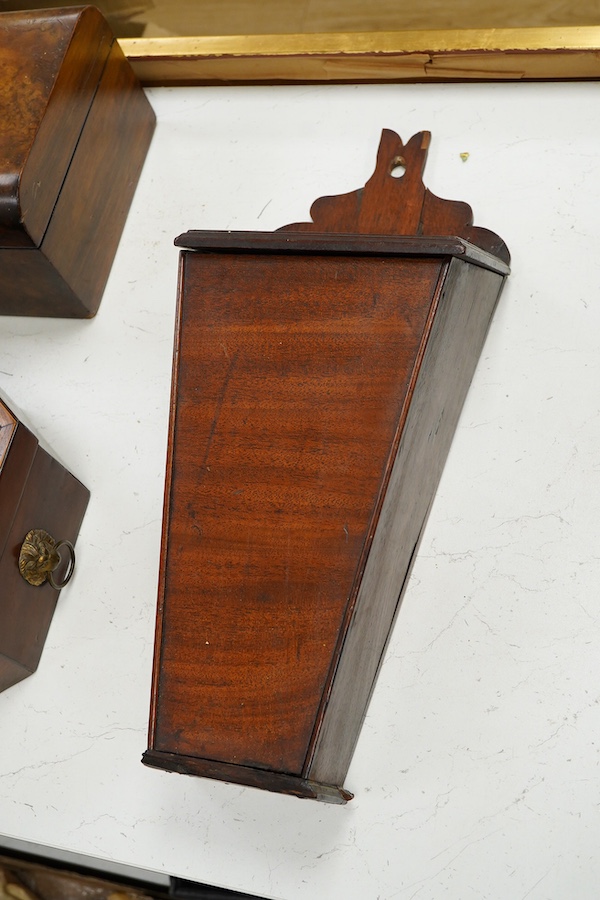 A George III octagonal work box, with various sewing accessories, a candle box and a burr walnut box, largest 35cm wide